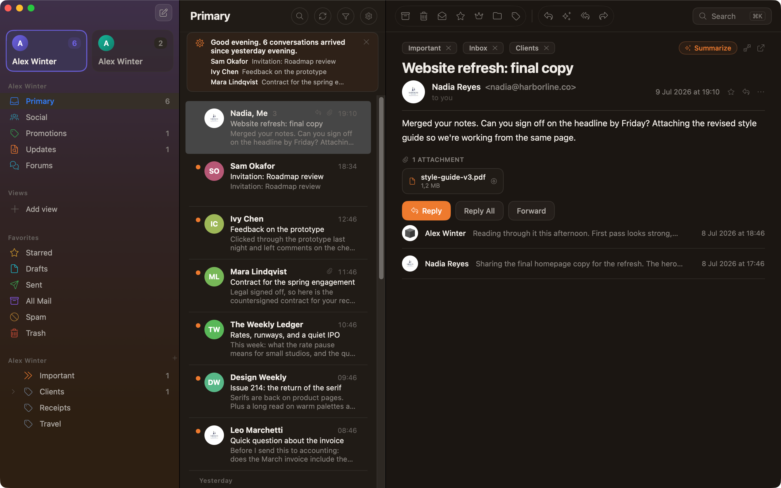 The same Clementine inbox in dark mode