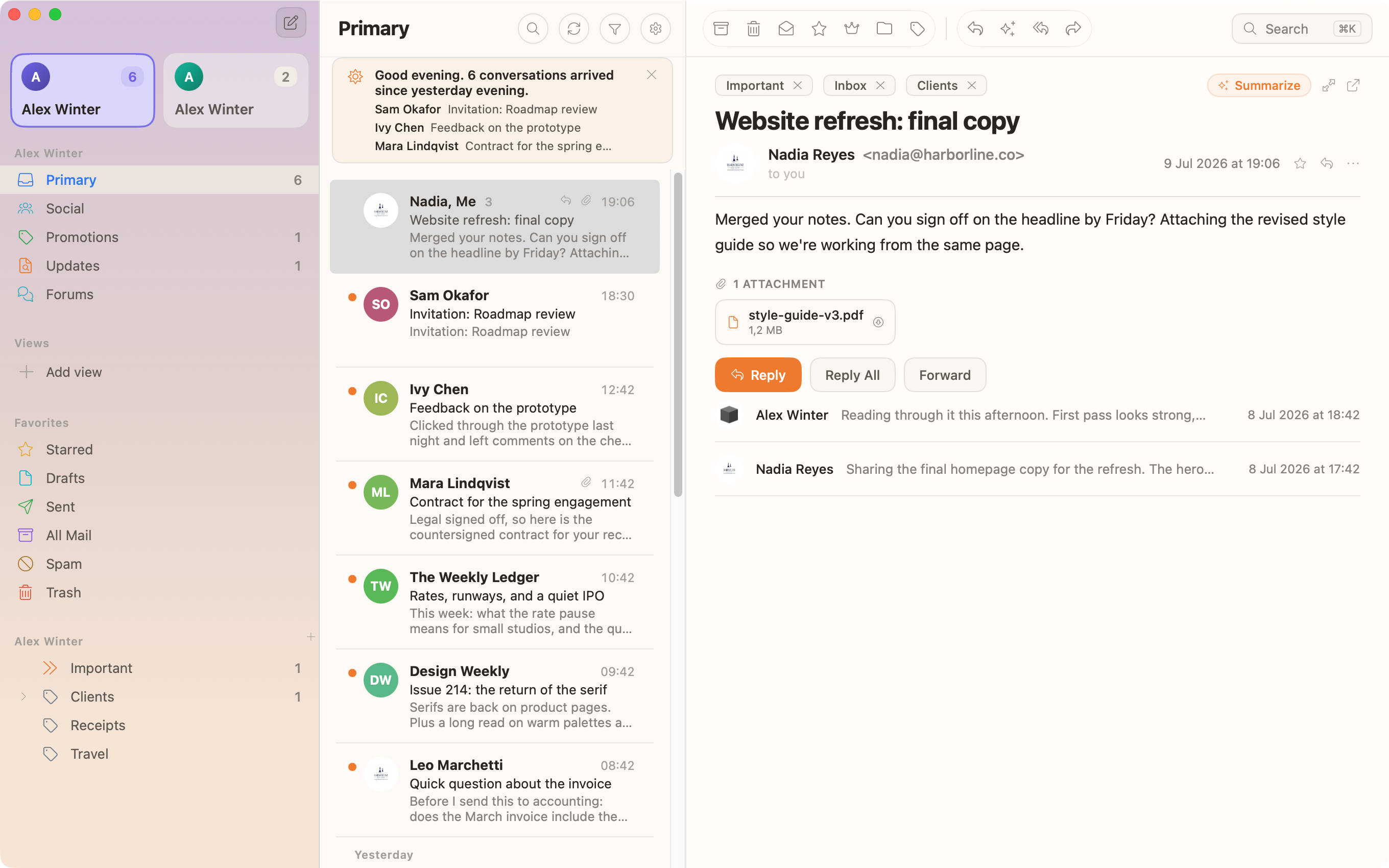 Clementine's inbox: sidebar with accounts and labels, the mail list with a morning brief card, and an open conversation