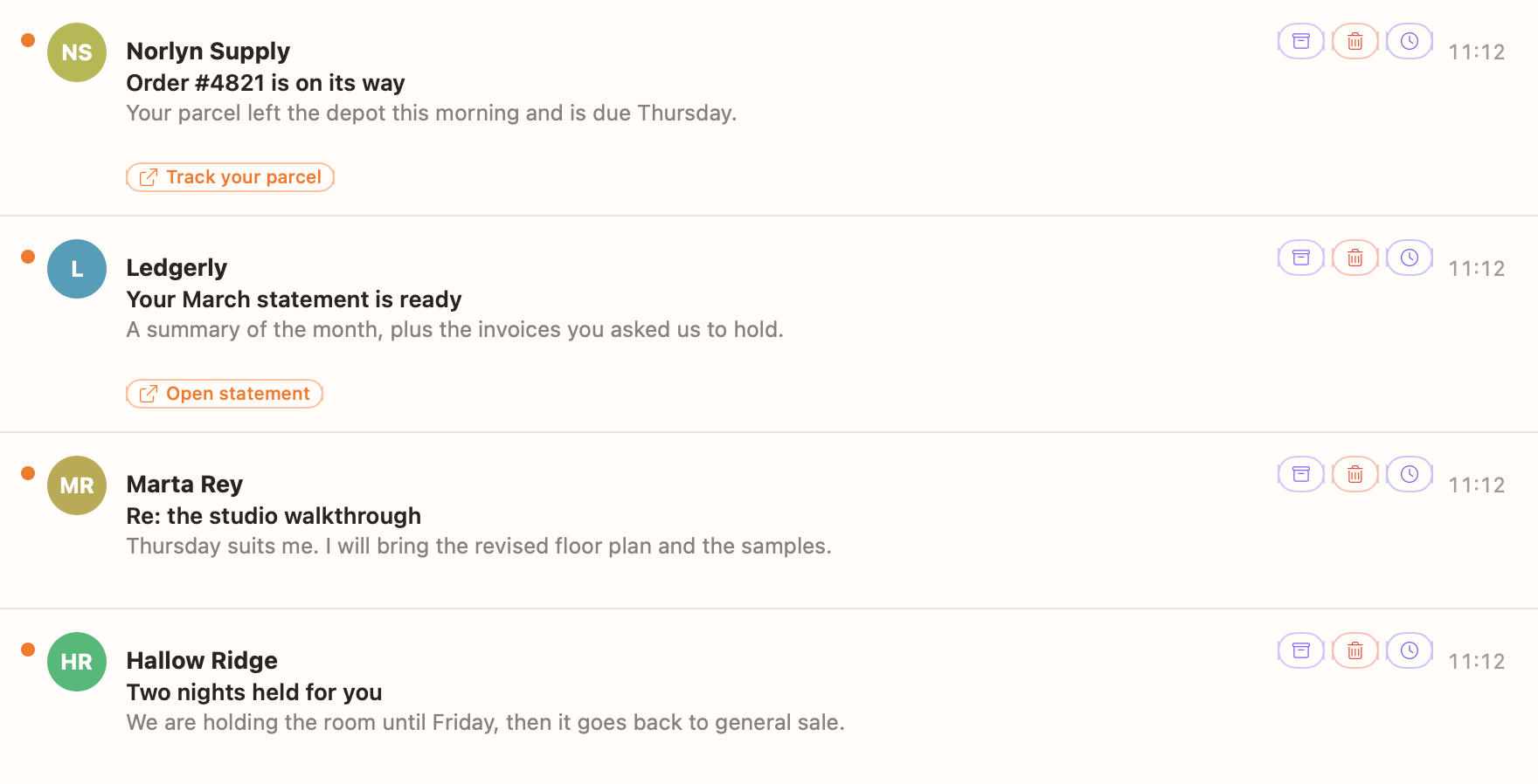 Four email rows in Clementine. Two carry an action the email itself asked for, Track your parcel and Open statement, and every row ends with archive, delete and snooze buttons